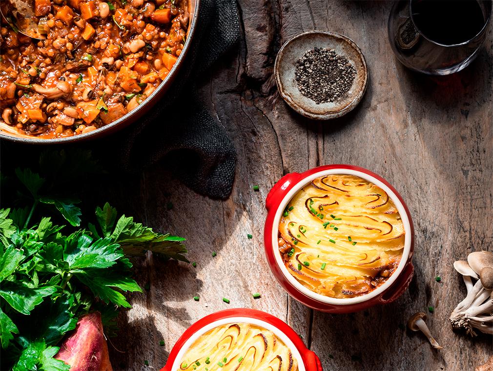 Shephard's pie met paddenstoelen, linzen en zwarte oogbonen