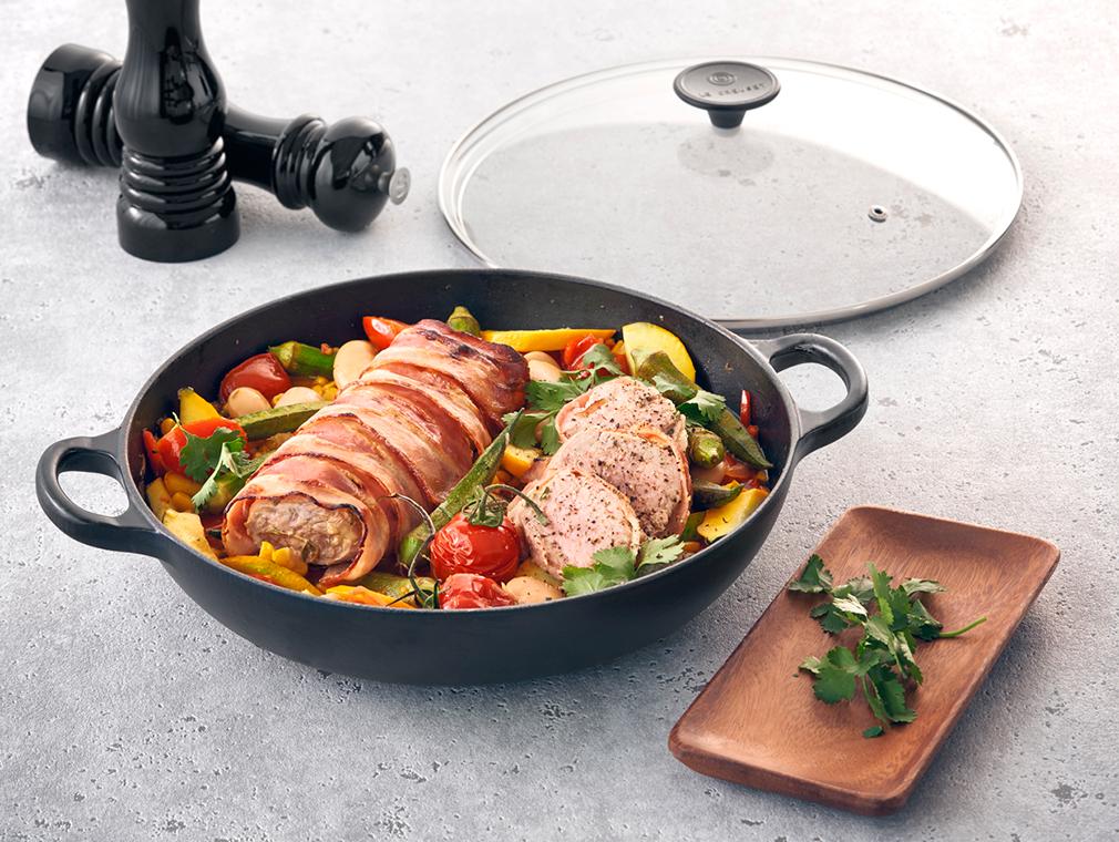 Varkenshaasje met spek en succotash