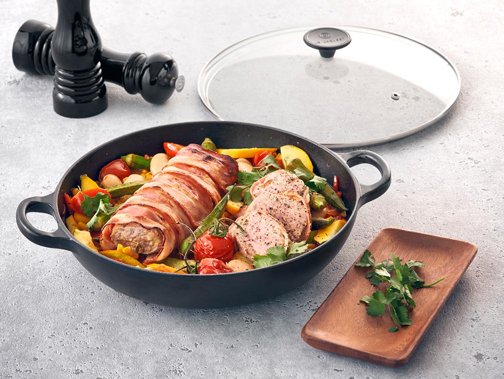 Varkenshaasje met spek en succotash
