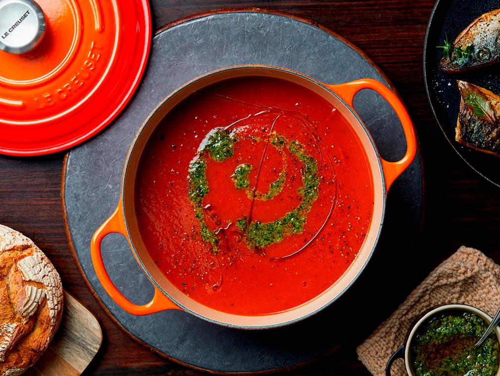 Geroosterde tomatensoep met makreel