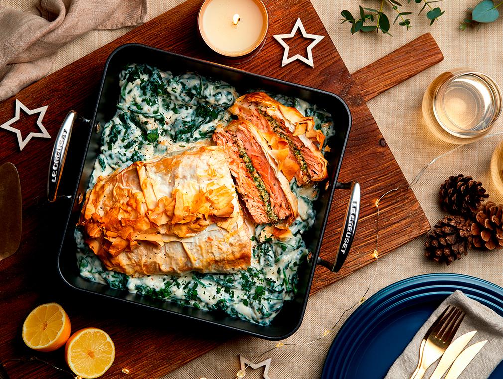 Zalm wellington met krab, waterkers en bladspinazie (anti-aanbak)