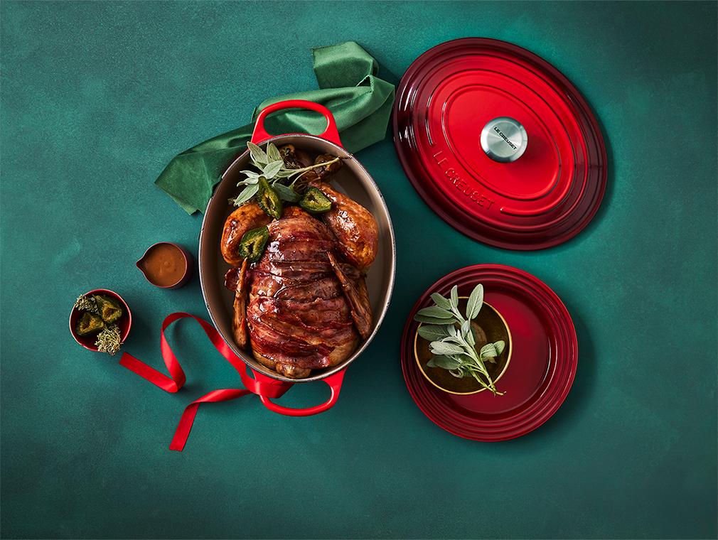 Kalkoenbraadstuk met glazuur van sticky groene vijg en streaky bacon