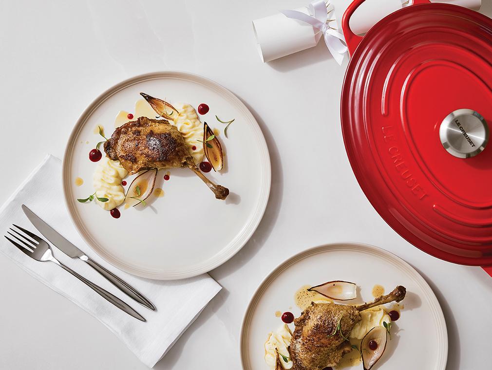 Eendenconfit met aardappelpuree en dichtgeschroeide sjalotten
