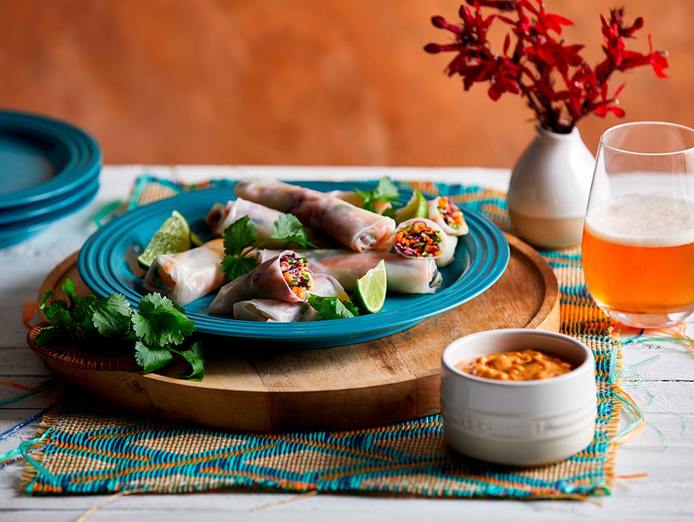 Vietnamese Rainbow Rolls with Pinda Dipsaus